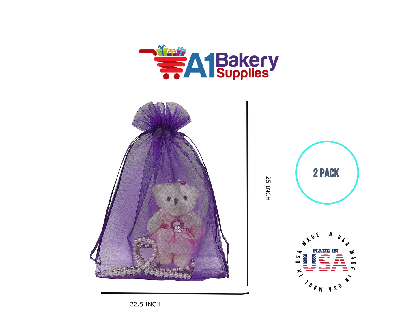 Purple Organza Fabric Gift Bags – Pack of 2 with Size 22.5 x 25 inch by A1 Bakery Supplies