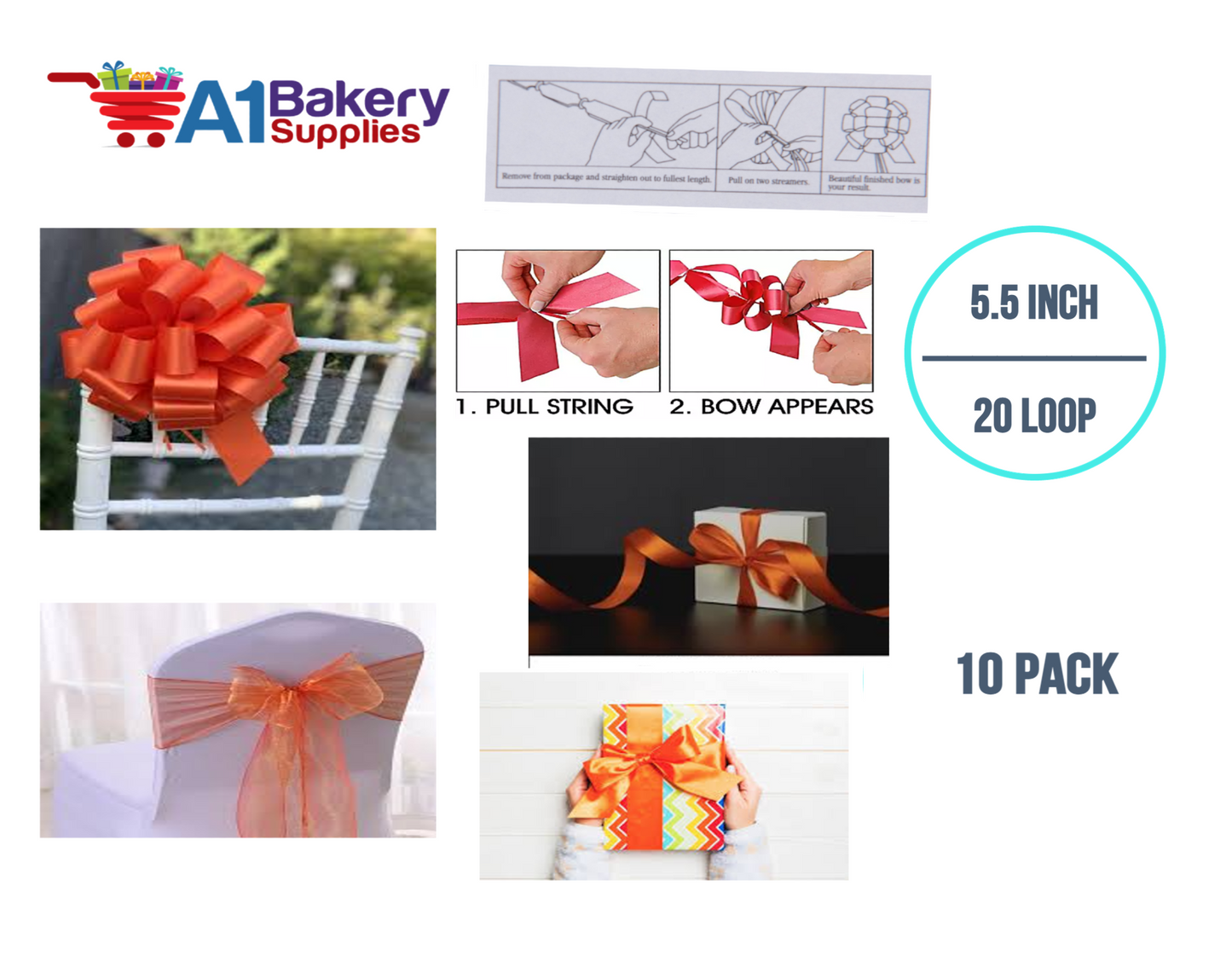 A1BakerySupplies 10 Pieces Pull Bow for Gift Wrapping Gift Bows Pull Bow With Ribbon for Wedding Gift Baskets, 5.5 Inch 20 Loop in Orange Color