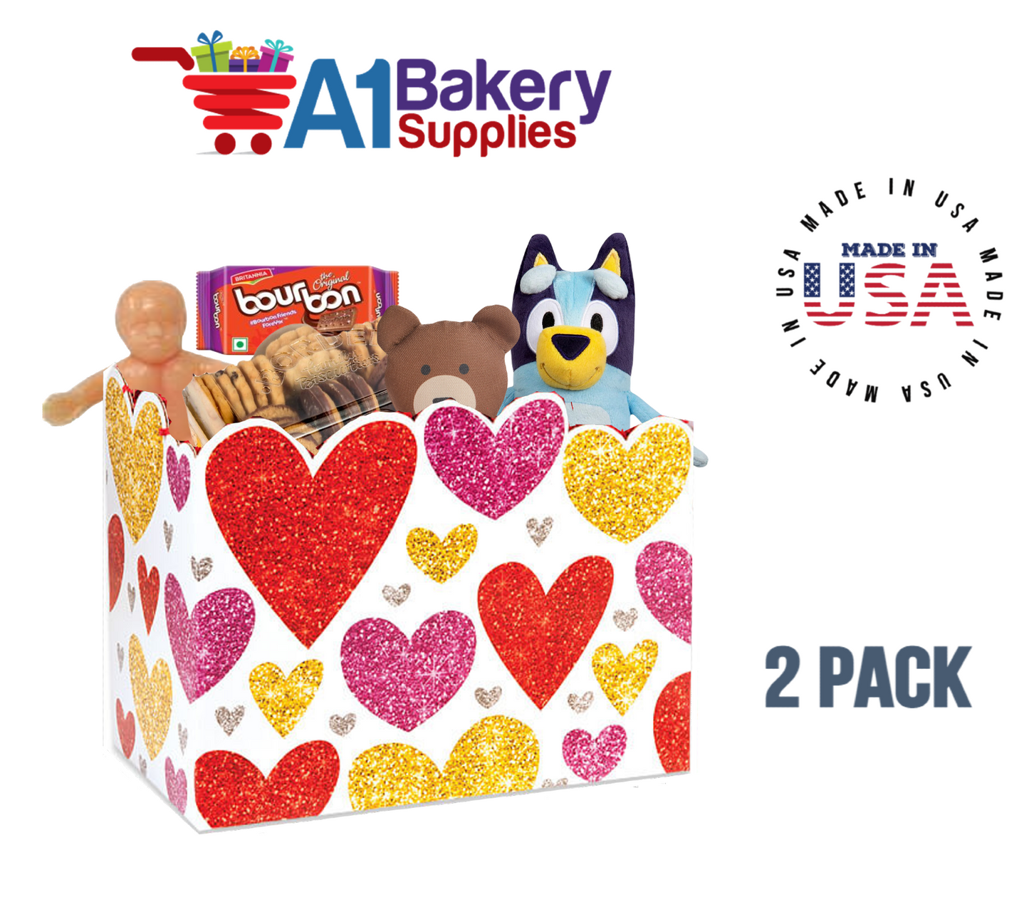 Glittering Hearts Basket Box, Theme Gift Box, Small 6.75 (Length) x 4 (Width) x 5 (Height), 2 Pack