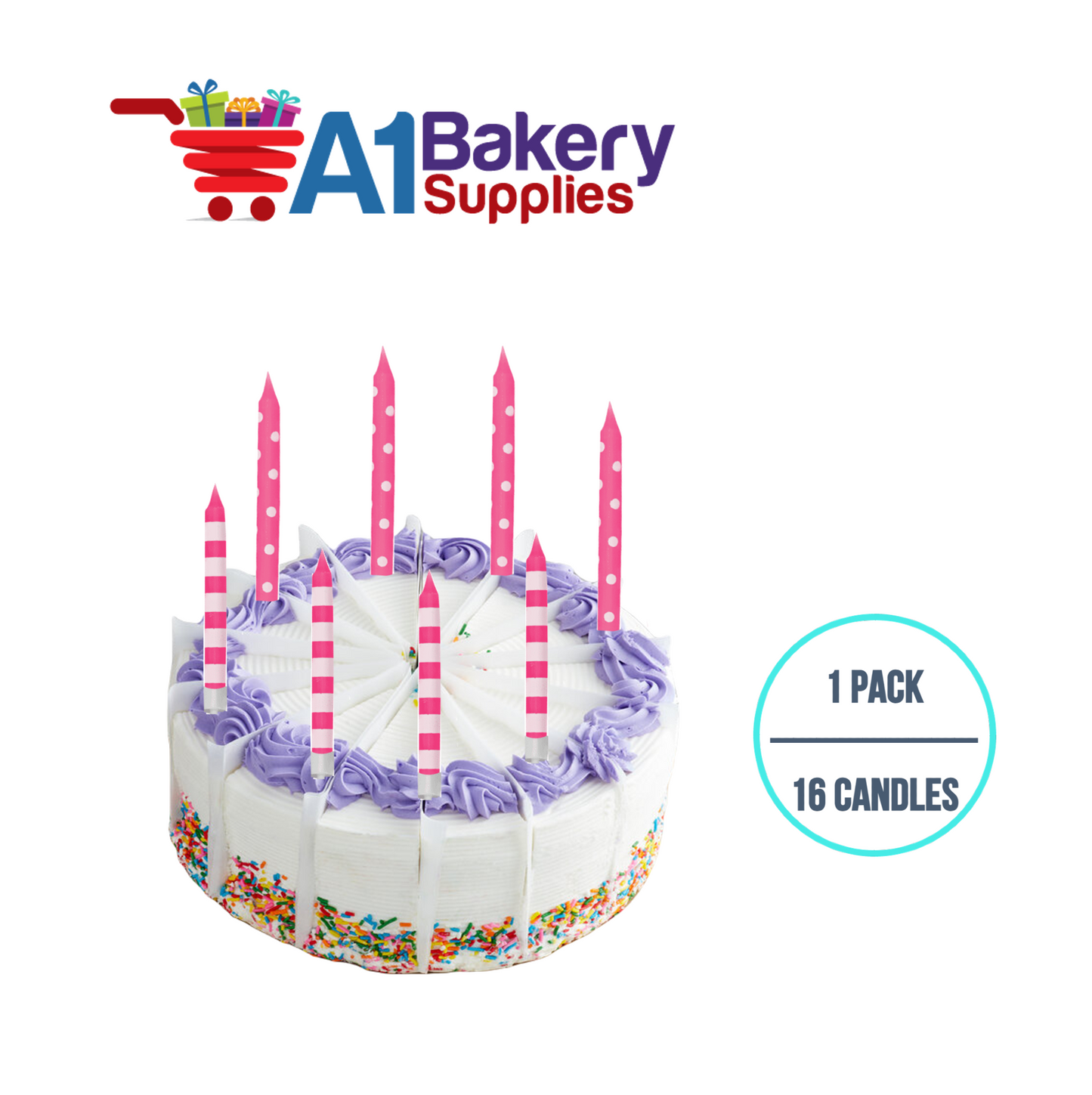 A1BakerySupplies Pink Stripes And Dots Candles 1 pack for Birthday Cake Decorations and Anniversary