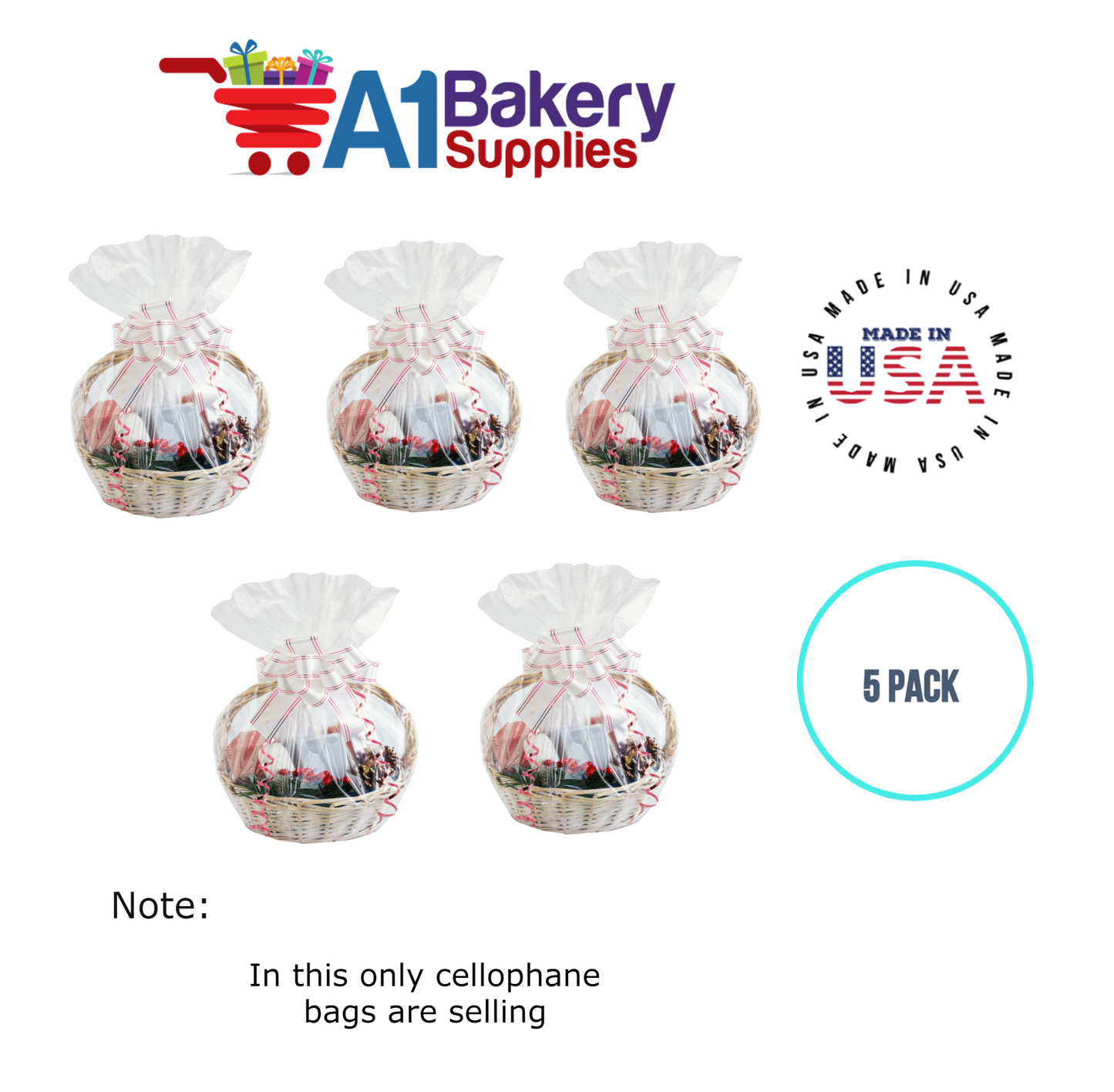 Round Bottom Basket Size 1.2 MIL BOPP Sealable Cellophane Gift Bags Bags for Gift Packing 18 x 24 Inch, 5 Pack