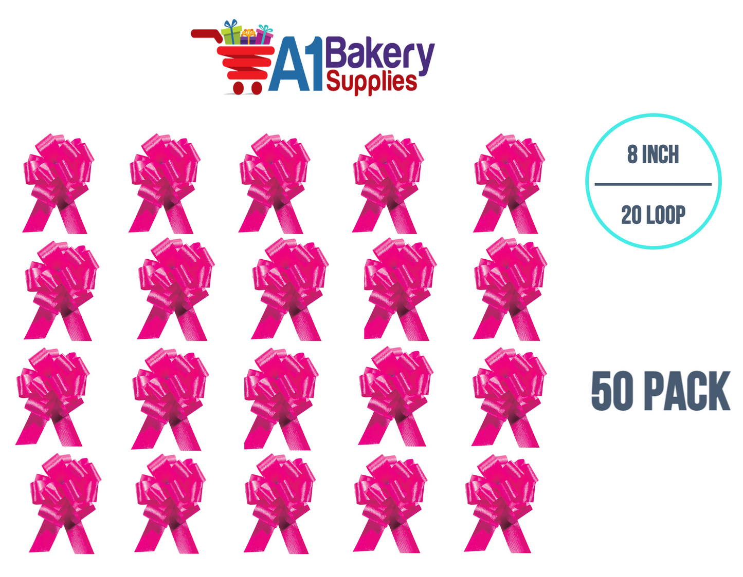 A1BakerySupplies 50 Pieces Pull Bow for Gift Wrapping Gift Bows Pull Bow With Ribbon for Wedding Gift Baskets, 8 Inch 20 Loop Pink Beauty Flora Satin Color