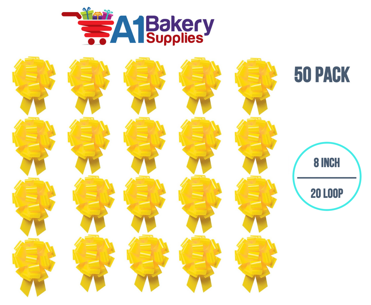 A1BakerySupplies 50 Pieces Pull Bow for Gift Wrapping Gift Bows Pull Bow With Ribbon for Wedding Gift Baskets, 8 Inch 20 Loop Yellow Daffodil Flora Satin Color