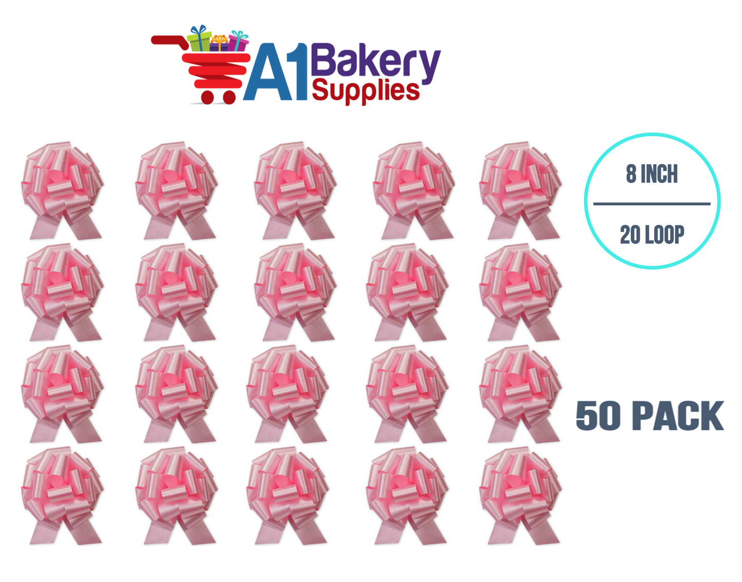 A1BakerySupplies 50 Pieces Pull Bow for Gift Wrapping Gift Bows Pull Bow With Ribbon for Wedding Gift Baskets, 8 Inch 20 Loop in Pink Flora Satin Color