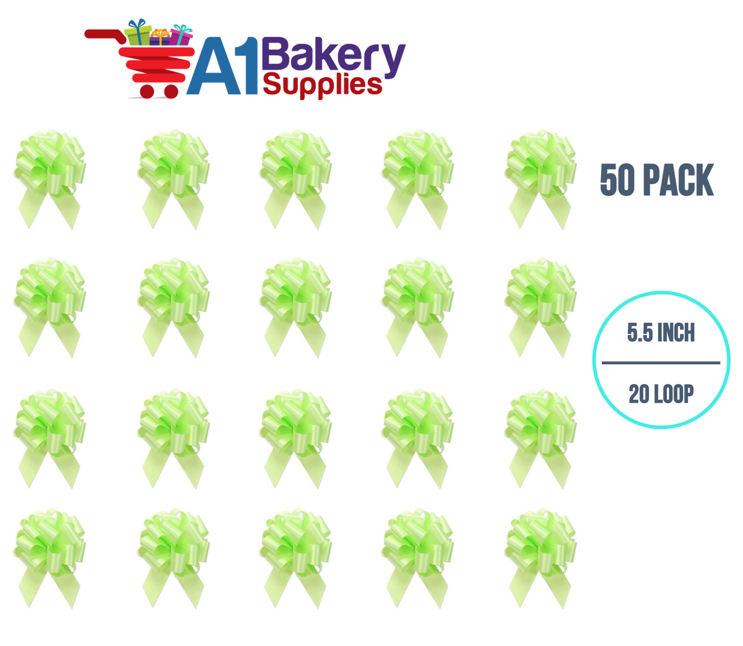 A1BakerySupplies 50 Pieces Pull Bow for Gift Wrapping Gift Bows Pull Bow With Ribbon for Wedding Gift Baskets, 5.5 Inch 20 Loop in Celery Color