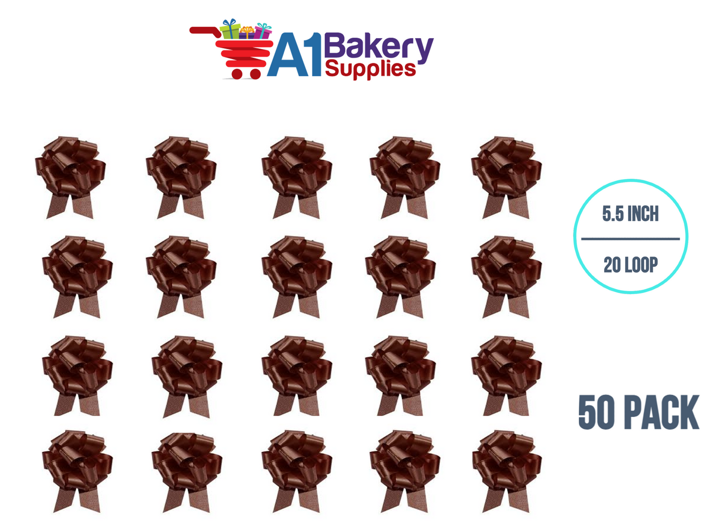 A1BakerySupplies 50 Pieces Pull Bow for Gift Wrapping Gift Bows Pull Bow With Ribbon for Wedding Gift Baskets, 5.5 Inch 20 Loop in Chocolate Color