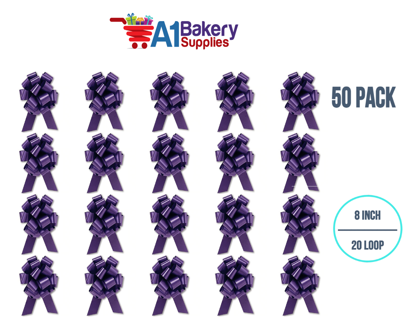 A1BakerySupplies 50 Pieces Pull Bow for Gift Wrapping Gift Bows Pull Bow With Ribbon for Wedding Gift Baskets, 8 Inch 20 Loop Purple Flora Satin Color