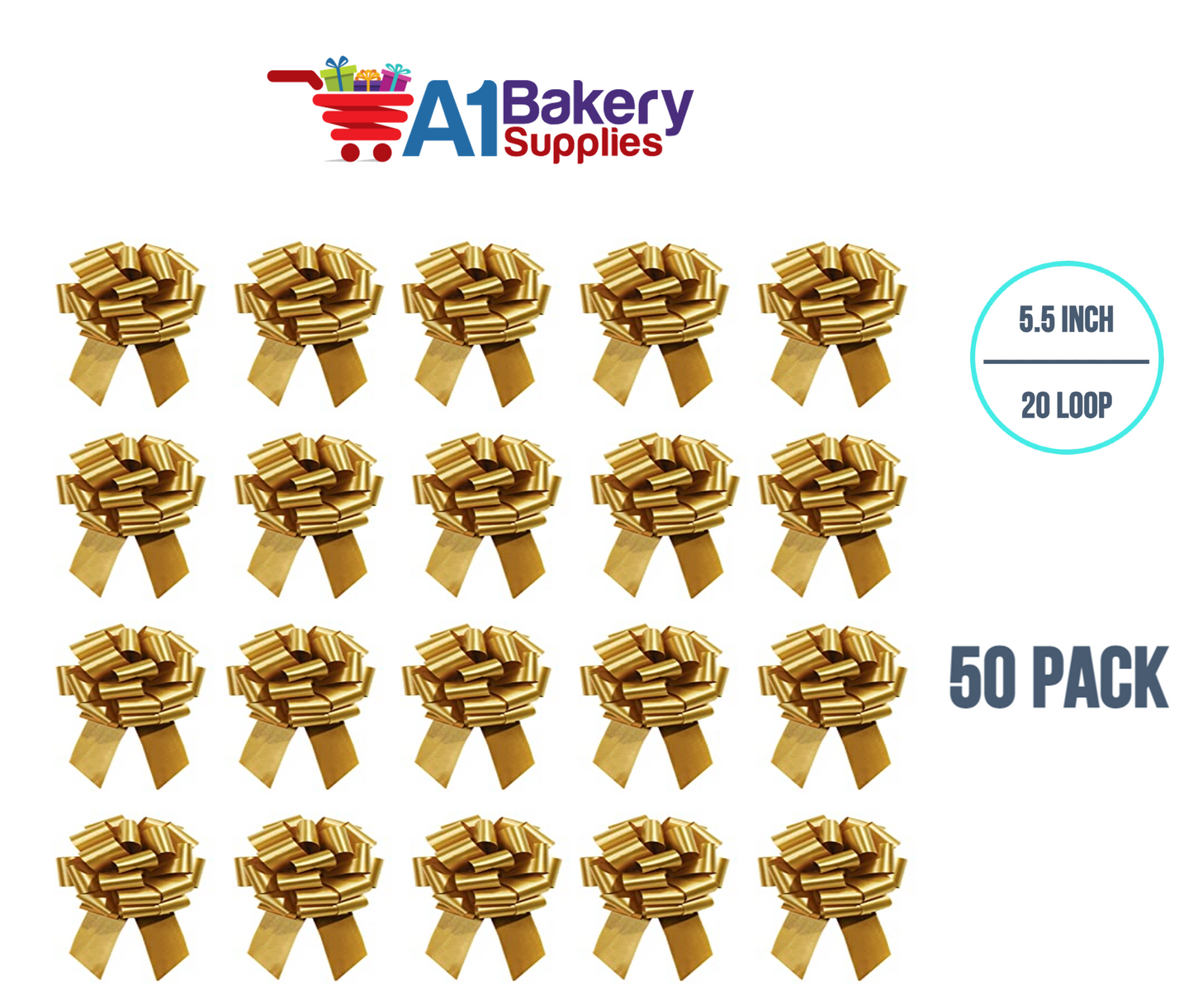 A1BakerySupplies 50 Pieces Pull Bow for Gift Wrapping Gift Bows Pull Bow With Ribbon for Wedding Gift Baskets, 5.5 Inch 20 Loop in Antique Gold Color