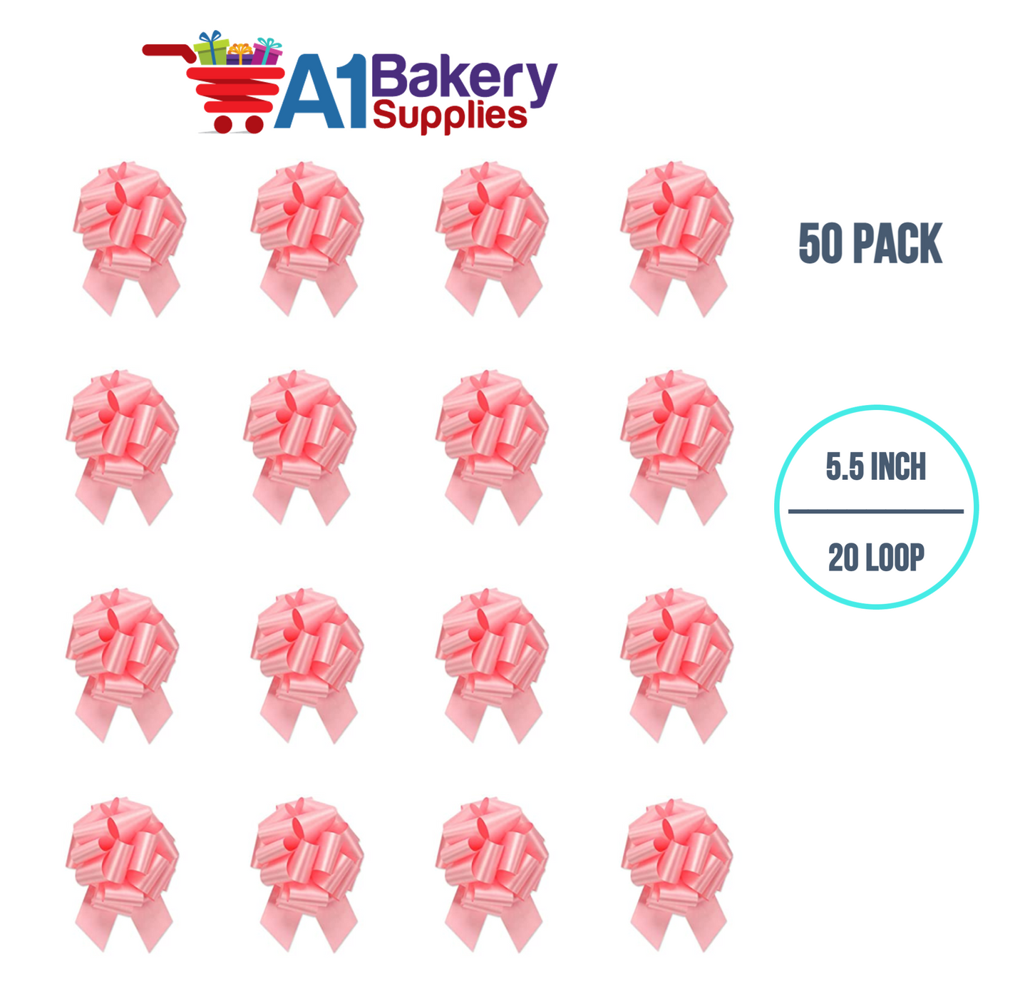A1BakerySupplies 50 Pieces Pull Bow for Gift Wrapping Gift Bows Pull Bow With Ribbon for Wedding Gift Baskets, 5.5 Inch 20 Loop in Light Pink Color