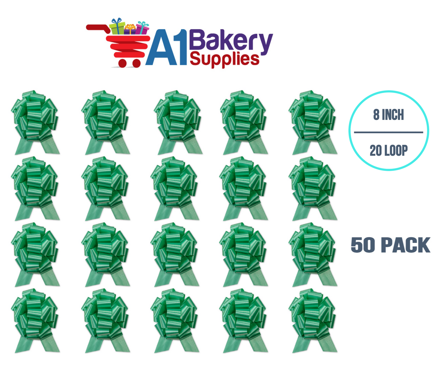A1BakerySupplies 50 Pieces Pull Bow for Gift Wrapping Gift Bows Pull Bow With Ribbon for Wedding Gift Baskets, 8 Inch 20 Loop Emerald Green Flora Satin Color