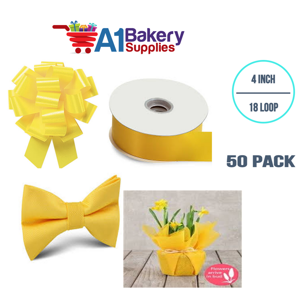 A1BakerySupplies 50 Pieces Pull Bow for Gift Wrapping Gift Bows Pull Bow  With Ribbon for Wedding Gift Baskets, 4 Inch 18 Loop Yellow Daffodil Flora