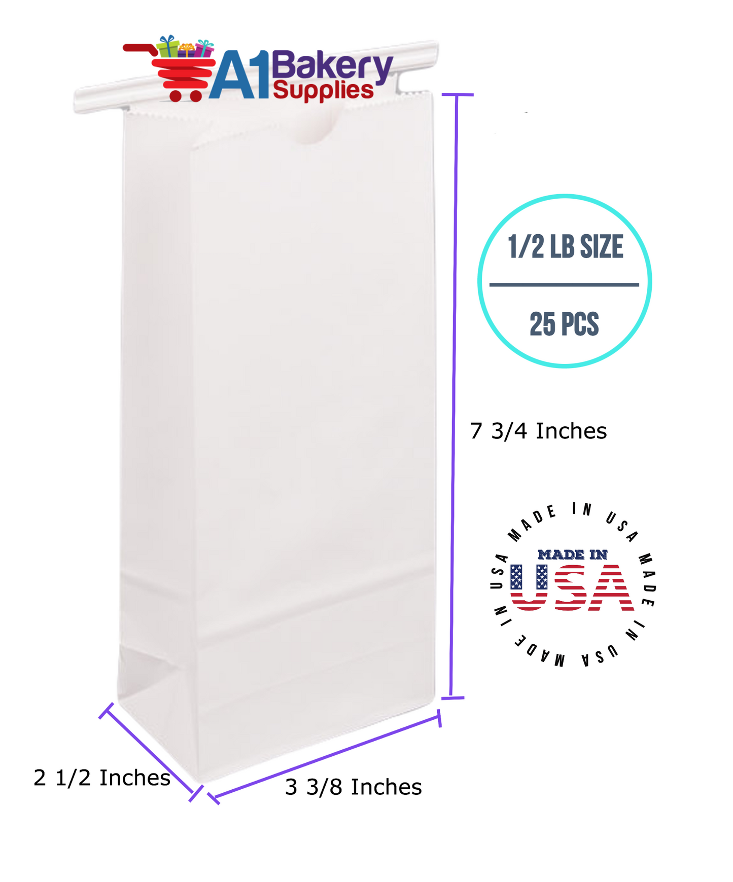 1/2 LB Size White No Window Tin Tie Bags 25 PCS White Bakery Bags with No Window Resealable Tin Tie Tab Lock Poly-Lined Bags White Paper Bags for Cookies, Coffee