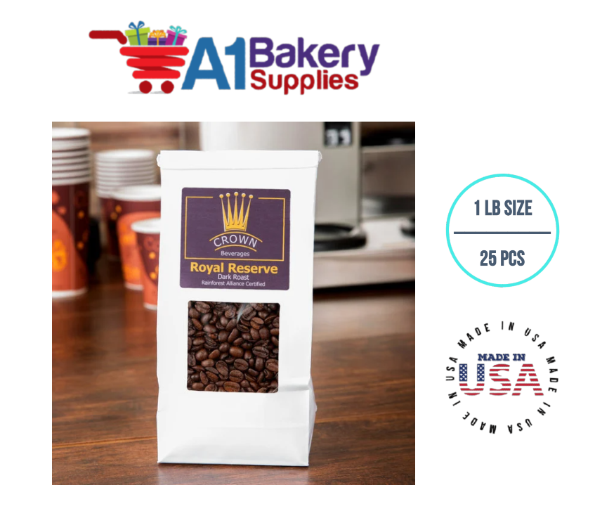 1 LB Size White Square Window Tin Tie Bags 25 PCS White Bakery Bags with Square Window Resealable Tin Tie Tab Lock Poly-Lined Bags White Paper Bags for Cookies, Coffee