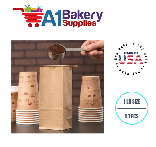1 LB Size Brown No Window Tin Tie Bags 50 PCS Kraft Bakery Bags with No Window Resealable Tin Tie Tab Lock Poly-Lined Bags Kraft Paper Bags for Cookies, Coffee