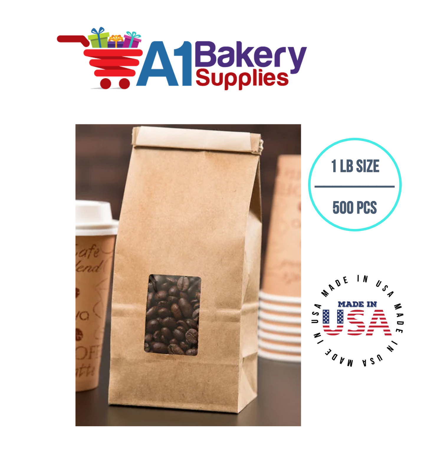 1 LB Size Brown Square Window Tin Tie Bags 500 PCS Kraft Bakery Bags with Square Window Resealable Tin Tie Tab Lock Poly-Lined Bags Brown Paper Bags for Cookies, Coffee