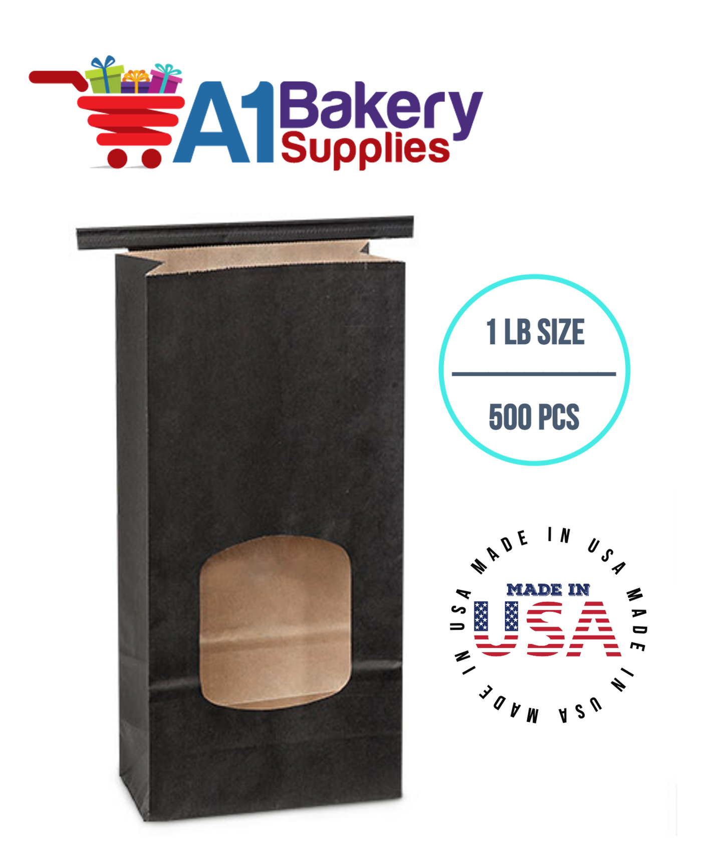 1 LB Black Square Window Tin Tie Bags 500 PCS Black Bakery Bags with Square Window Resealable Tin Tie Tab Lock Poly-Lined Bags Black Paper Bags for Cookies, Coffee