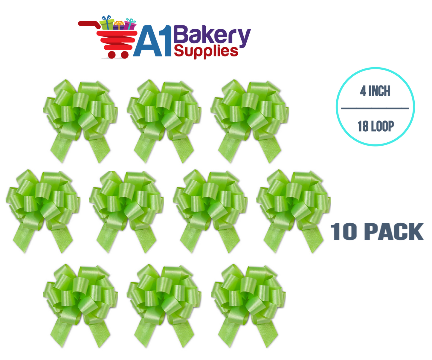 A1BakerySupplies 10 Pieces Pull Bow for Gift Wrapping Gift Bows Pull Bow With Ribbon for Wedding Gift Baskets, 4 Inch 18 Loop Citrus Green Flora Satin Color
