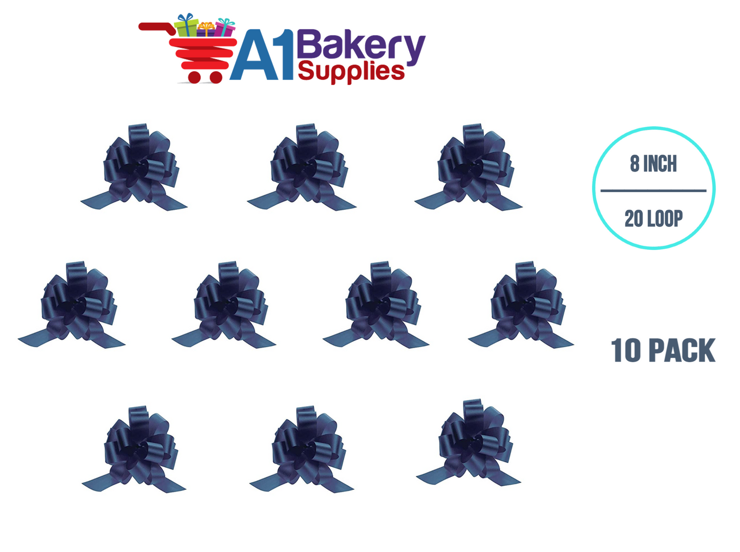 A1BakerySupplies 10 Pieces Pull Bow for Gift Wrapping Gift Bows Pull Bow With Ribbon for Wedding Gift Baskets, 8 Inch 20 Loop Navy Blue Flora Satin Color