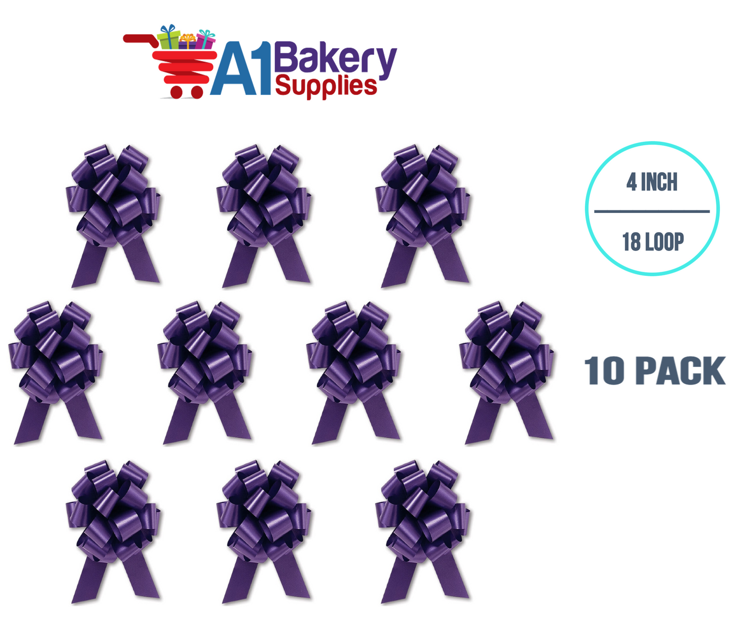A1BakerySupplies 10 Pieces Pull Bow for Gift Wrapping Gift Bows Pull Bow With Ribbon for Wedding Gift Baskets, 4 Inch 18 Loop Purple Flora Satin Color