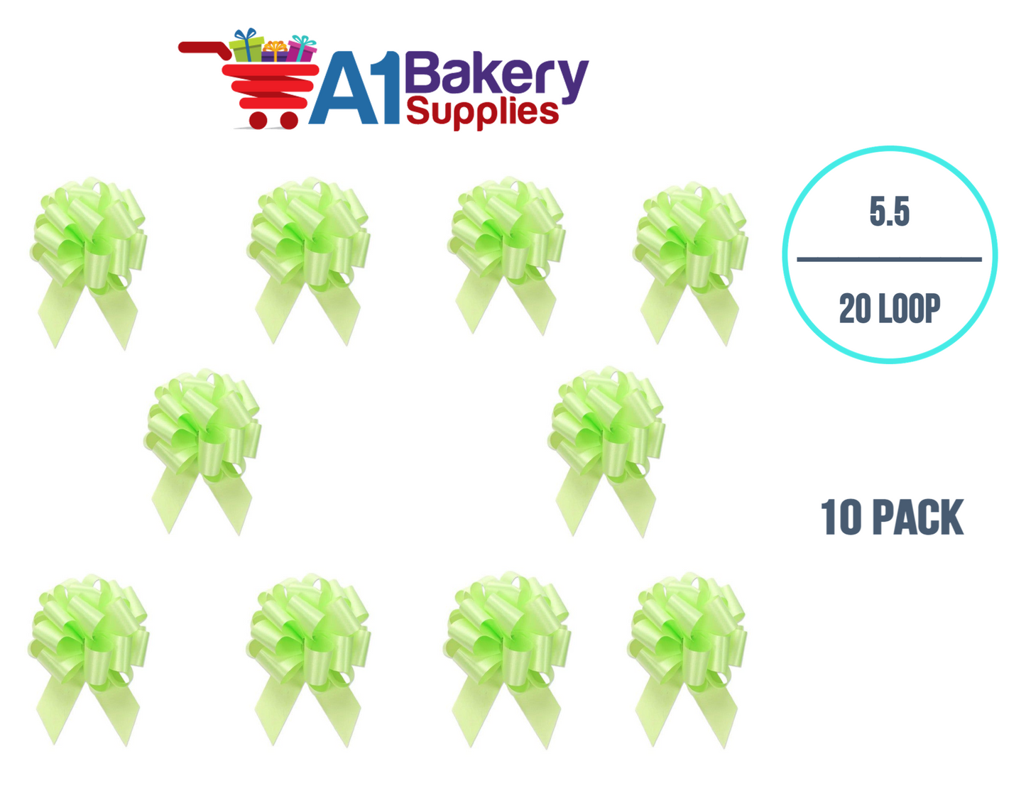 A1BakerySupplies 10 Pieces Pull Bow for Gift Wrapping Gift Bows Pull Bow With Ribbon for Wedding Gift Baskets, 5.5 Inch 20 loop in Celery Color