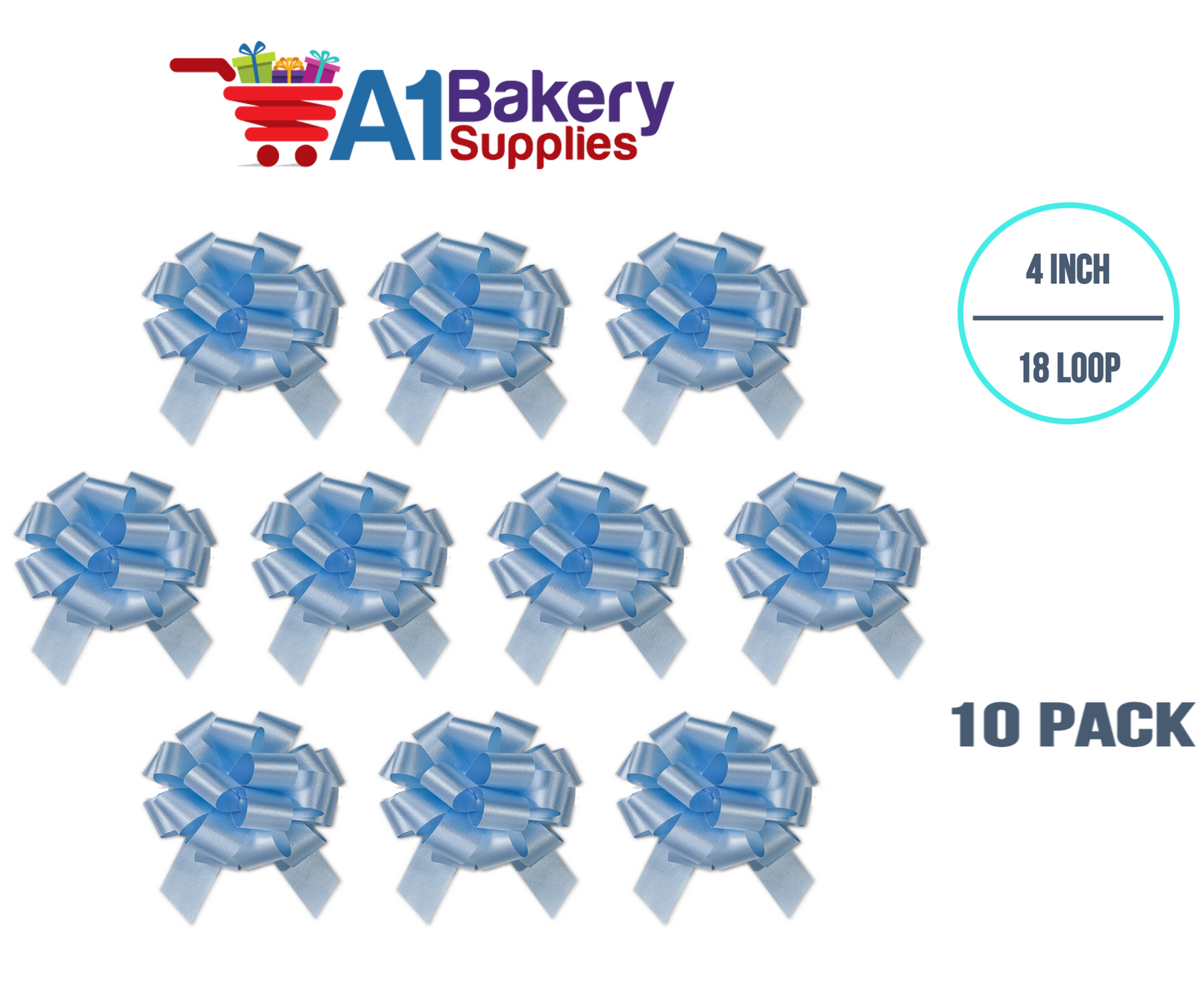 A1BakerySupplies 10 Pieces Pull Bow for Gift Wrapping Gift Bows Pull Bow With Ribbon for Wedding Gift Baskets, 4 Inch 18 Loop Light Blue Flora Satin Color