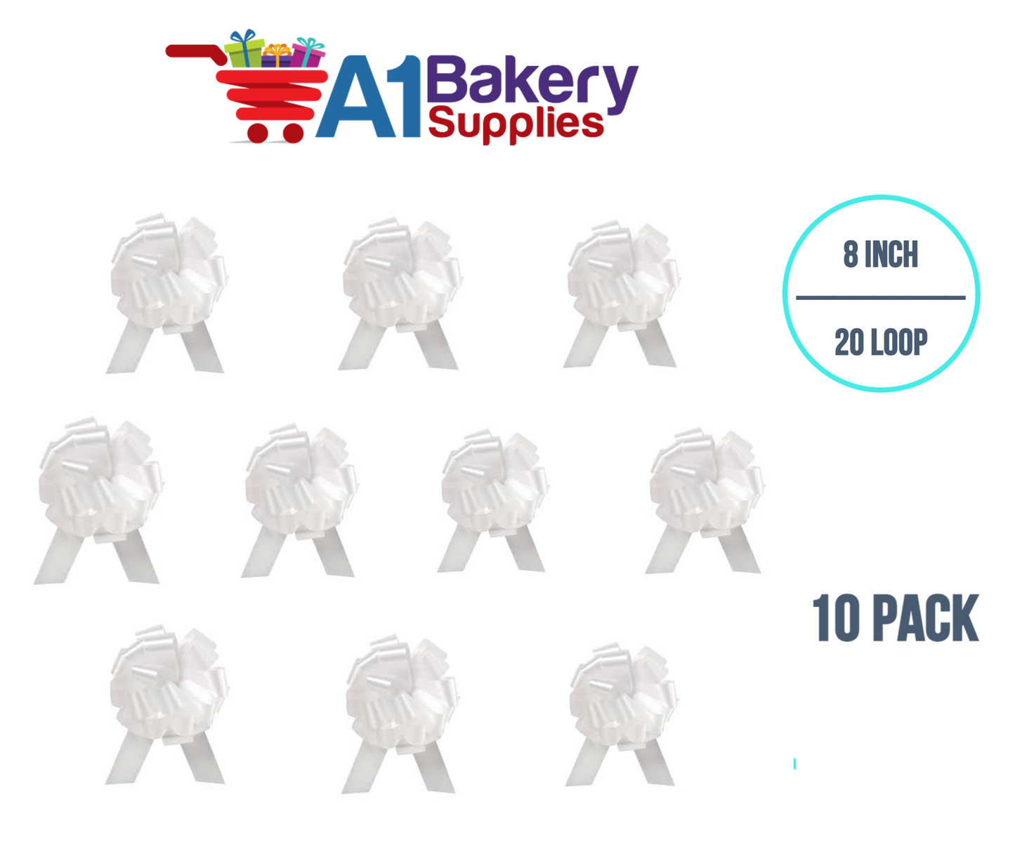 A1BakerySupplies 10 Pieces Pull Bow for Gift Wrapping Gift Bows Pull Bow With Ribbon for Wedding Gift Baskets, 8 Inch 20 Loop in White Flora Satin Color