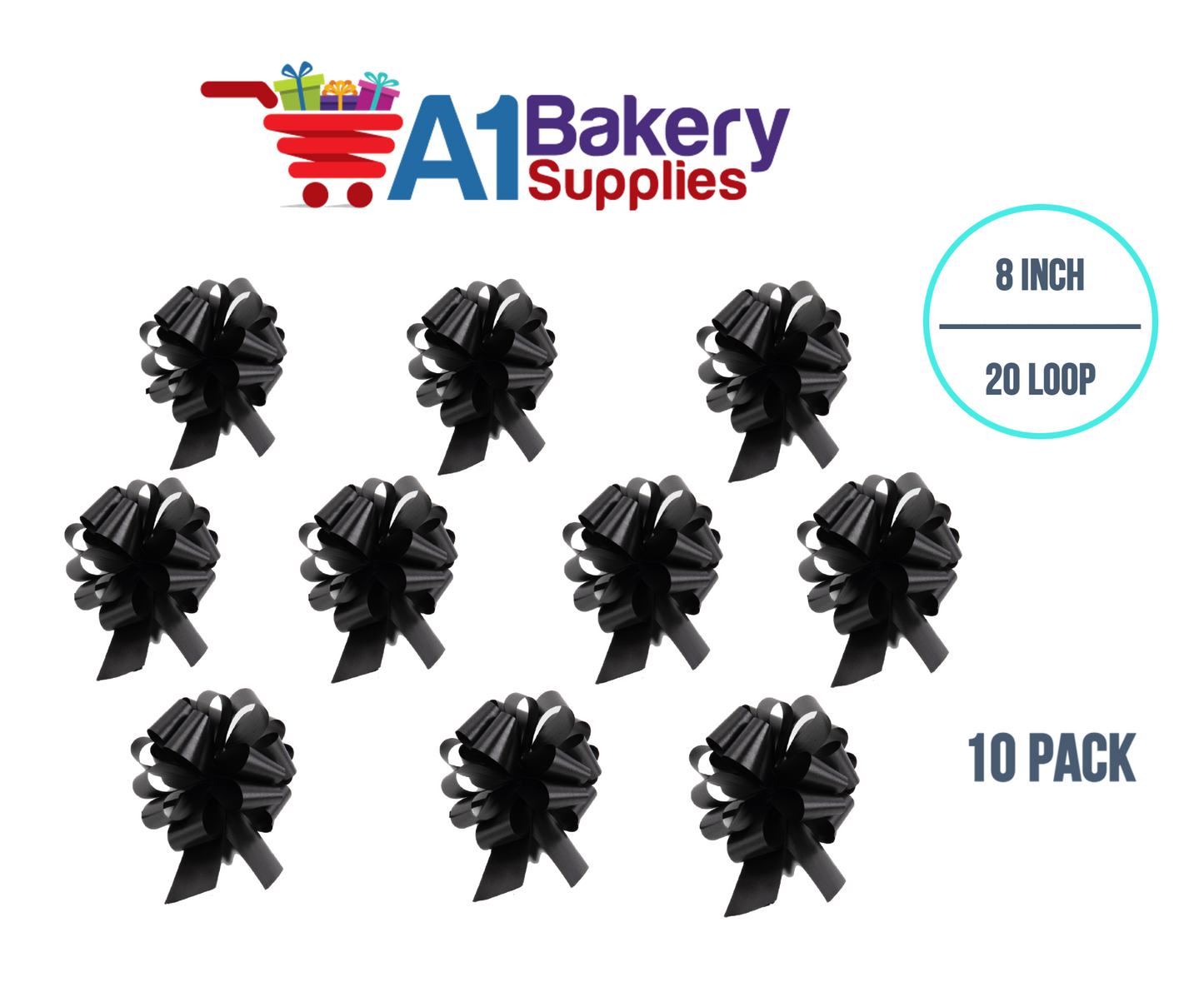 A1BakerySupplies 10 Pieces Pull Bow for Gift Wrapping Gift Bows Pull Bow With Ribbon for Wedding Gift Baskets, 8 Inch 20 Loop Black Flora Satin Color