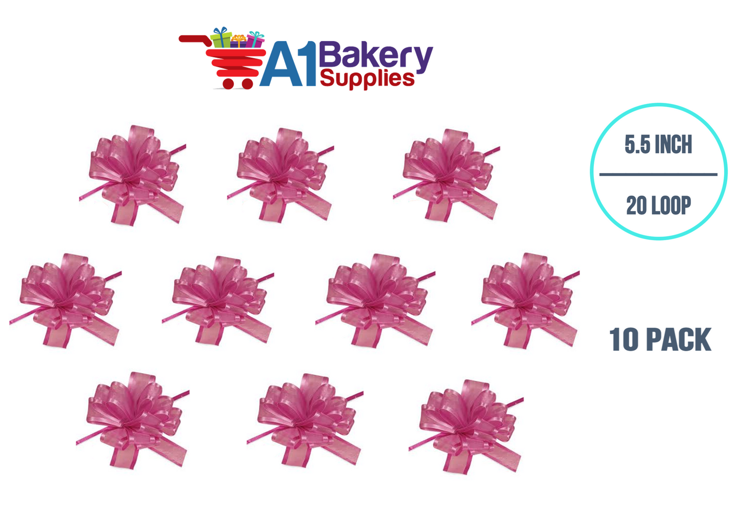 A1BakerySupplies 10 Pieces Pull Bow for Gift Wrapping Gift Bows Pull Bow With Ribbon for Wedding Gift Baskets, 5.5 Inch 20 Loop in Hot Pink Color