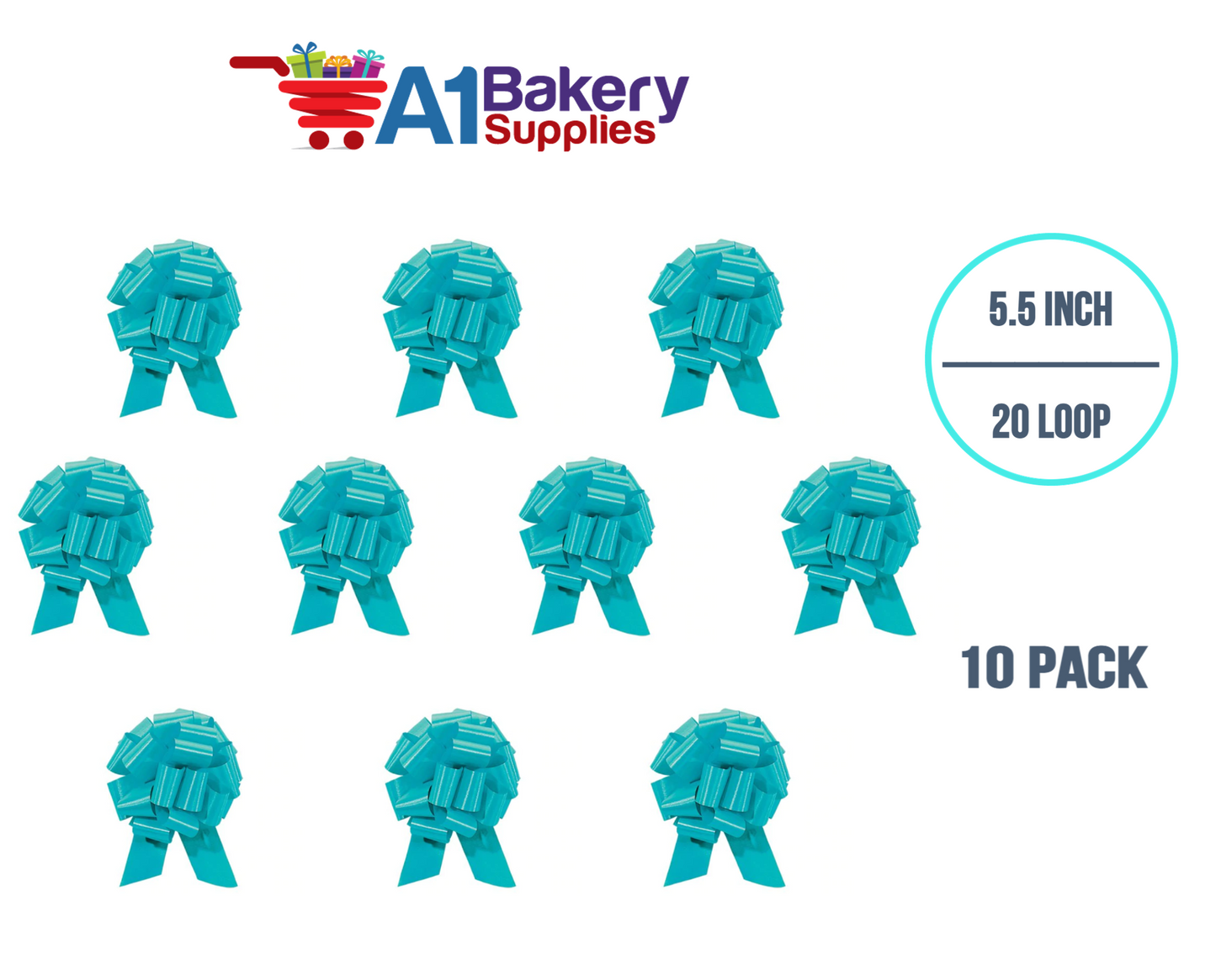 A1BakerySupplies 10 Pieces Pull Bow for Gift Wrapping Gift Bows Pull Bow With Ribbon for Wedding Gift Baskets, 5.5 Inch 20 Loop in Turquoise Color