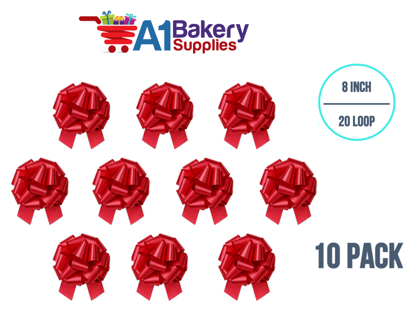 A1BakerySupplies 10 Pieces Pull Bow for Gift Wrapping Gift Bows Pull Bow With Ribbon for Wedding Gift Baskets, 8 Inch 20 Loop in Hot Red Flora Satin Color