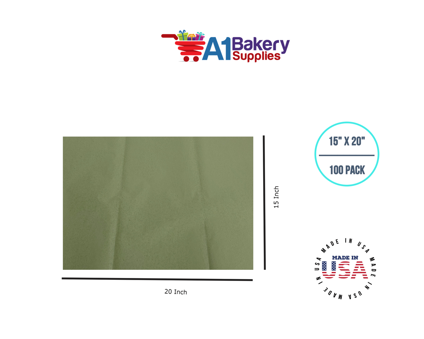 Sage  Tissue Paper Squares, Bulk 100 Sheets, Premium Gift Wrap and Art Supplies for Birthdays, Holidays, or Presents by A1BakerySupplies, Medium 15 Inch x 20 Inch