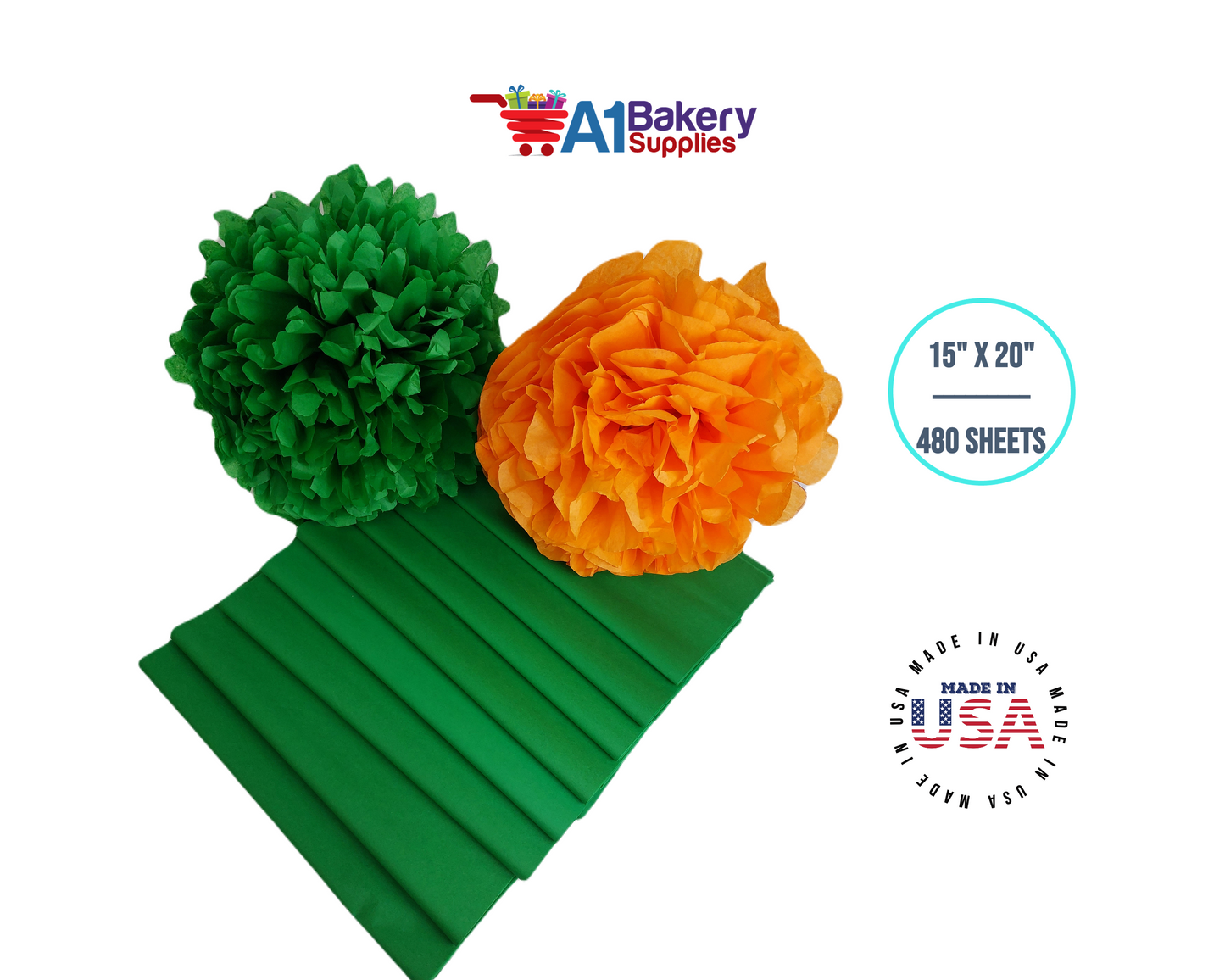 Kelly Green Tissue Paper Squares, Bulk 480 Sheets, Premium Gift Wrap and Art Supplies for Birthdays, Holidays, or Presents by A1BakerySupplies, Large 15 Inch x 20 Inch