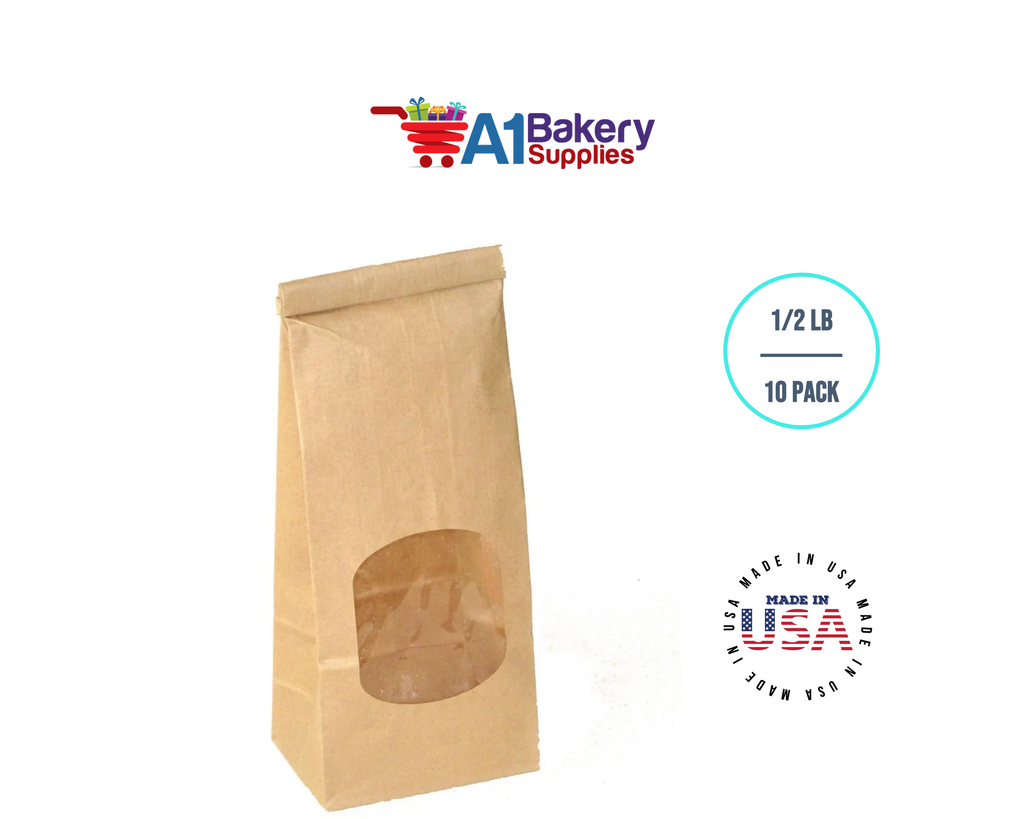 1/2 LB Kraft Poly-Lined Reclosable Tin Tie Bags Window - 10 Pack