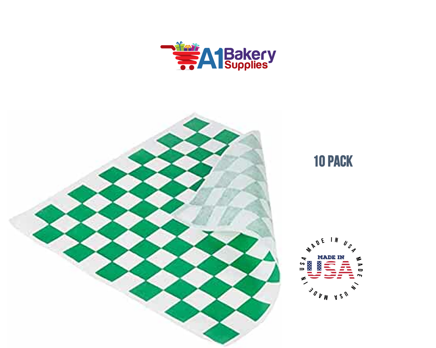 Deli Sandwich Wraps Basket Liners and Food Wrapping Liner Papers by A1 Bakery Supplies of 10 pack (Green checked)