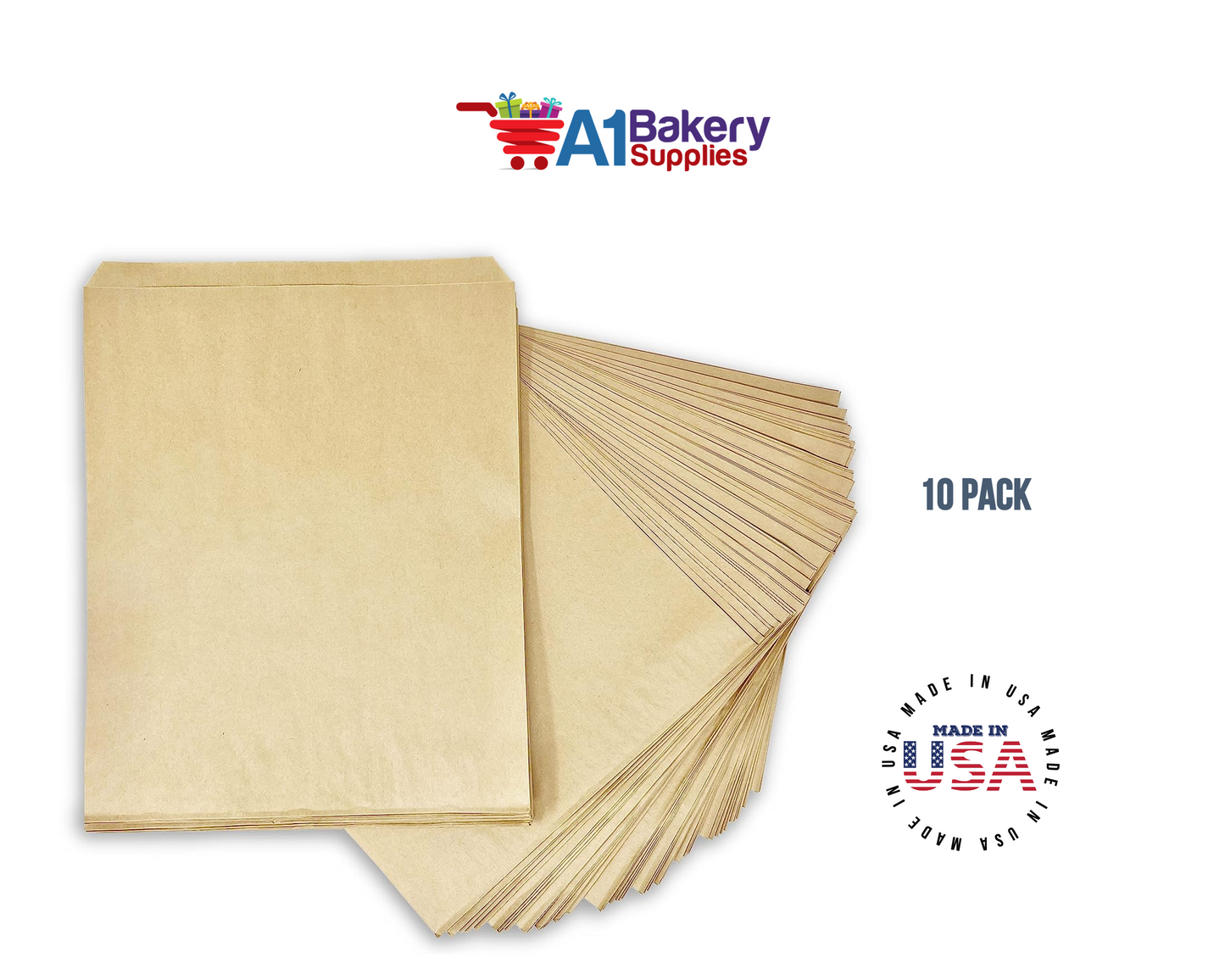 Kraft Brown Flat Paper Merchandise Bags 10 pack by A1 bakery supplies (8.5x11)