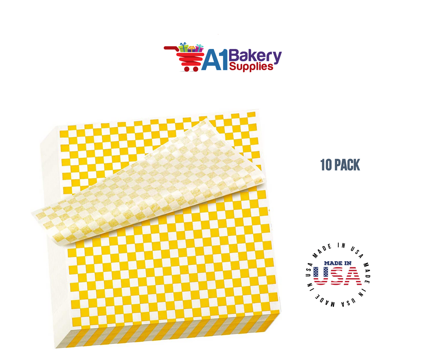 Deli Sandwich Wraps Basket Liners and Food Wrapping Liner Papers by A1 Bakery Supplies of 10 pack (Yellow Checked)