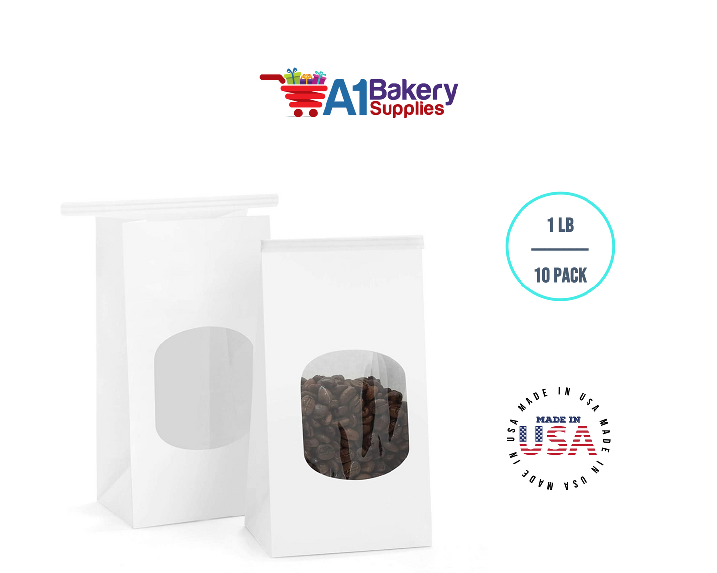 1 LB White Poly-Lined Reclosable Tin Tie Bags Window - 10 Pack