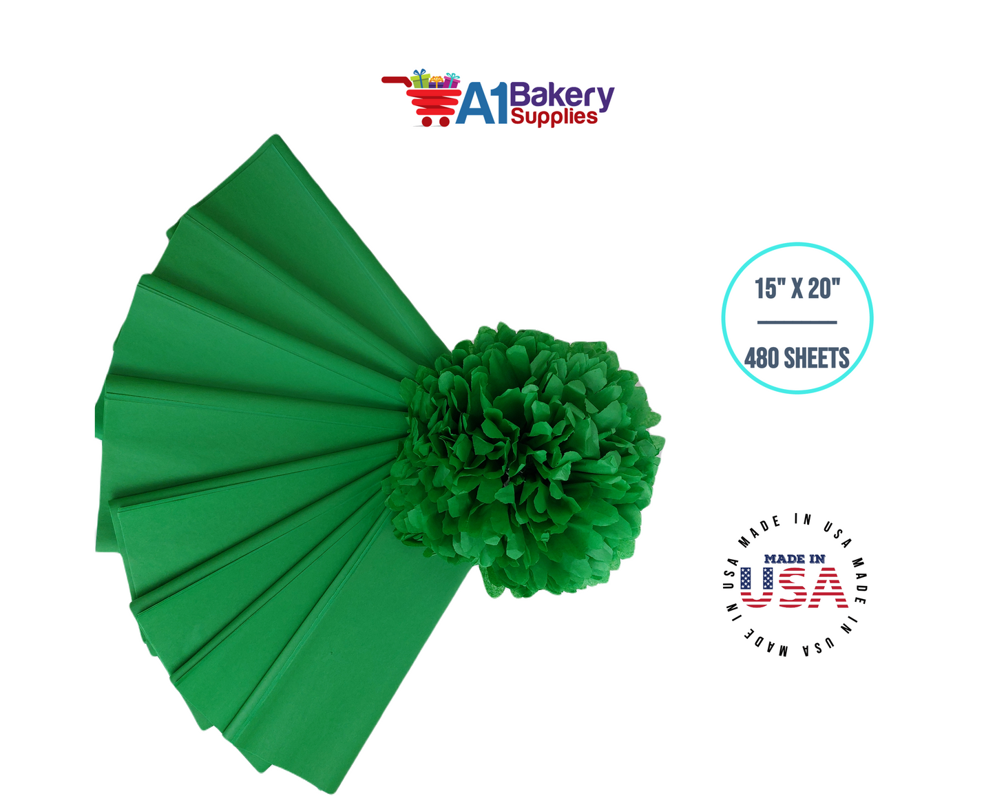 Kelly Green Tissue Paper Squares, Bulk 480 Sheets, Premium Gift Wrap and Art Supplies for Birthdays, Holidays, or Presents by A1BakerySupplies, Large 15 Inch x 20 Inch
