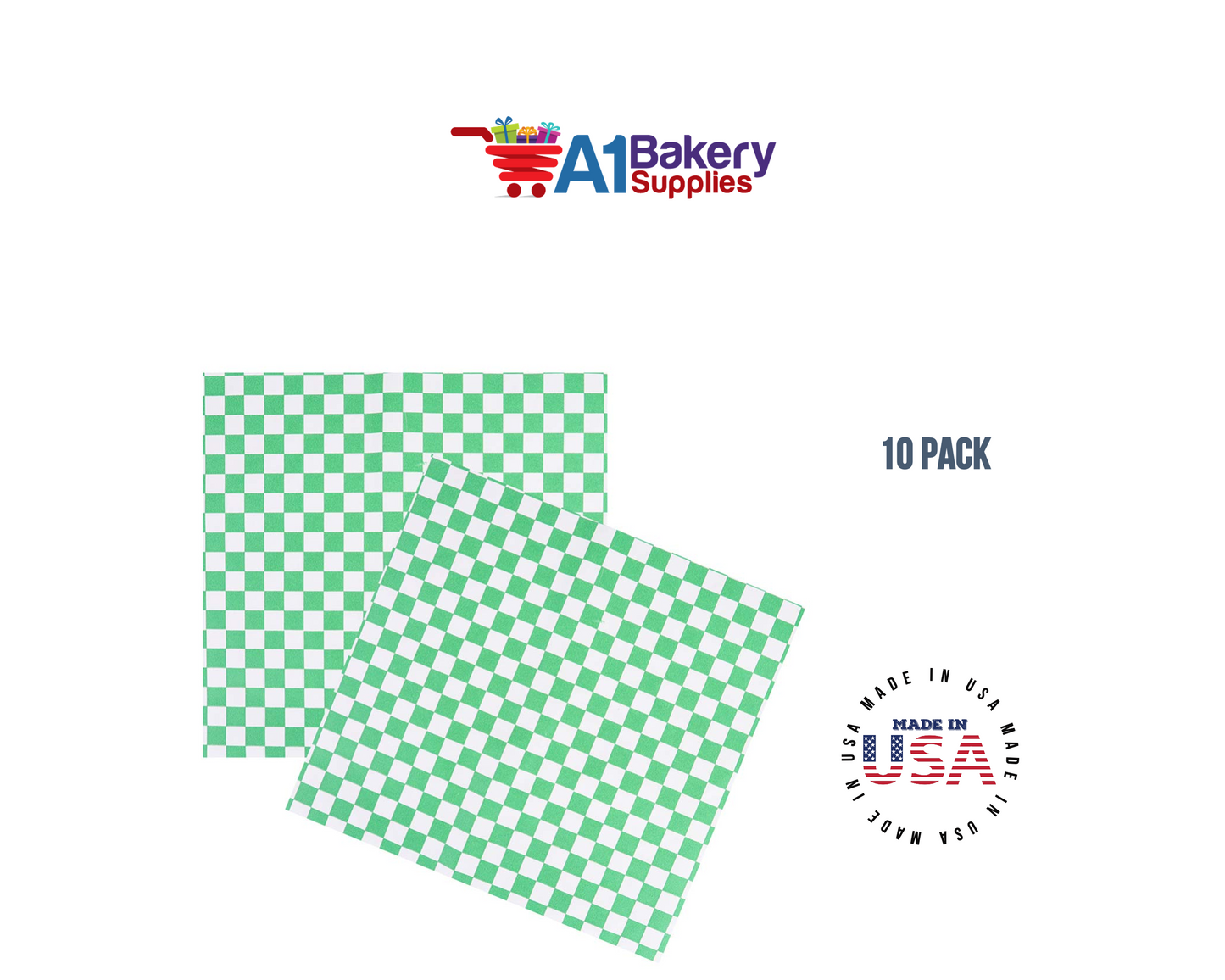 Deli Sandwich Wraps Basket Liners and Food Wrapping Liner Papers by A1 Bakery Supplies of 10 pack (Green checked)