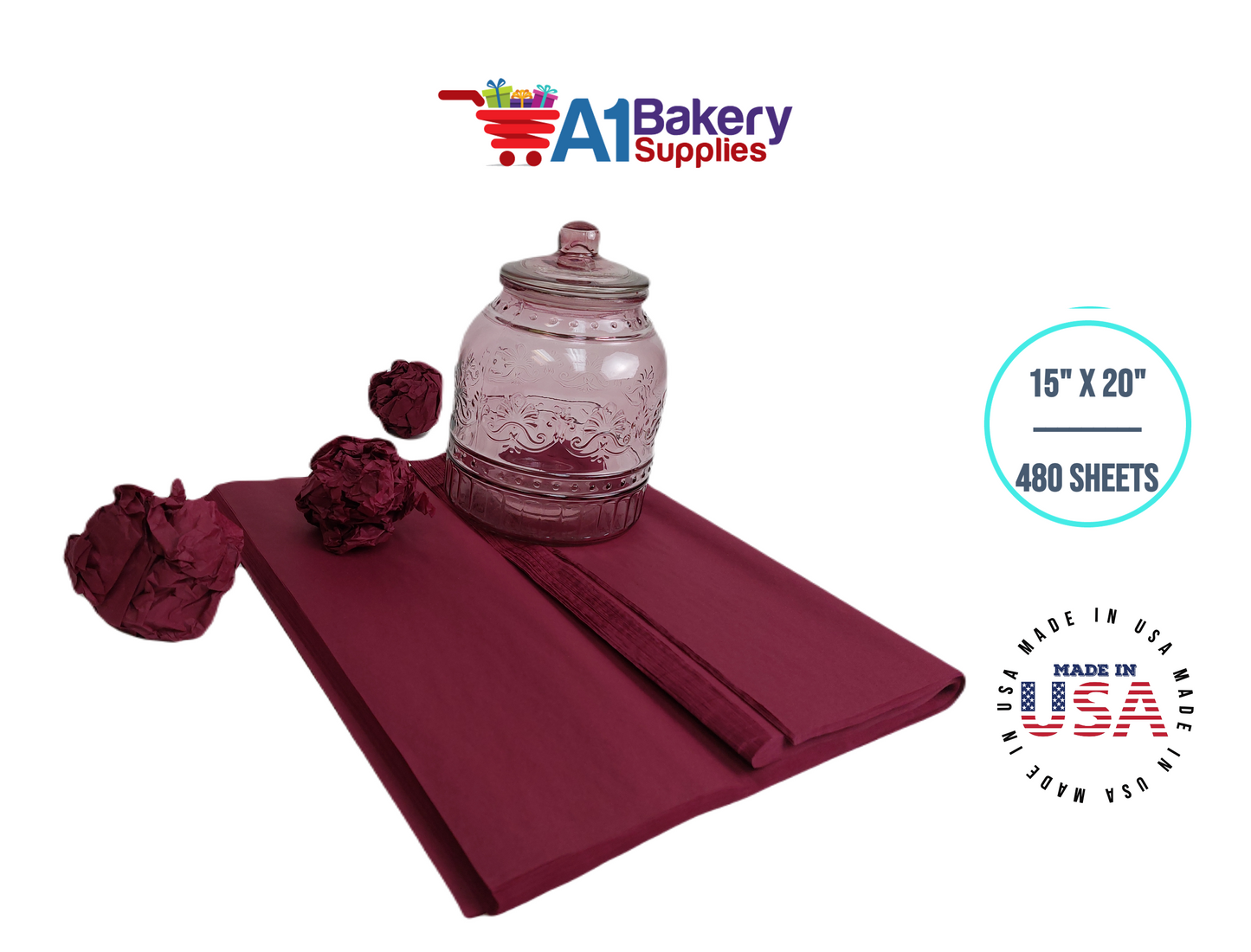 Burgundy Tissue Paper Squares, Bulk 480 Sheets, Premium Gift Wrap and Art Supplies for Birthdays, Holidays, or Presents by A1BakerySupplies, Large 15 Inch x 20 Inch