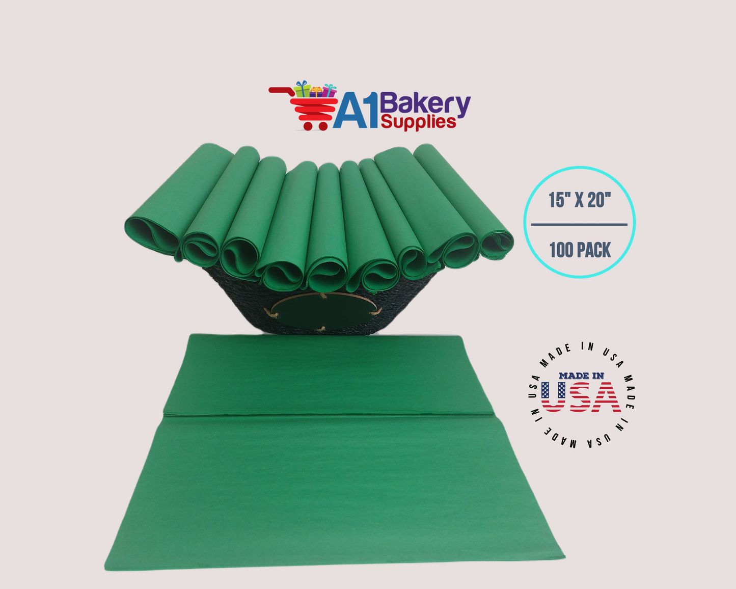 Festive Gren Tissue Paper Squares, Bulk 100 Sheets, Premium Gift Wrap and Art Supplies for Birthdays, Holidays, or Presents by A1BakerySupplies, Large 15 Inch x 20 Inch