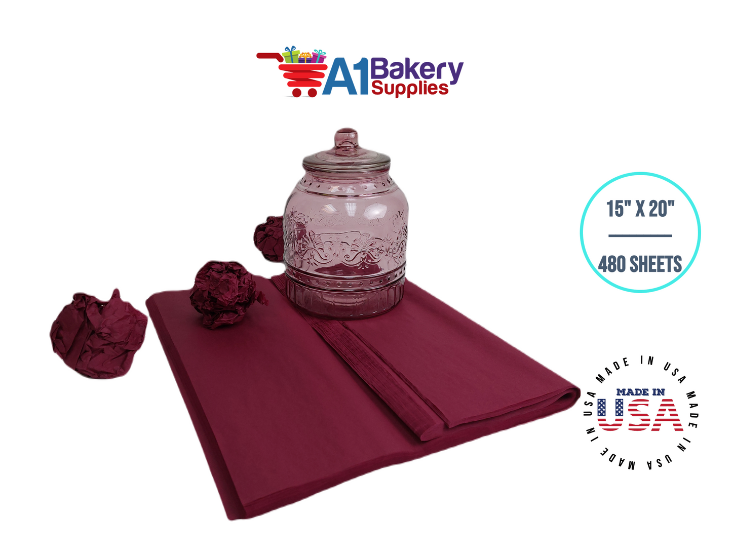 Burgundy Tissue Paper Squares, Bulk 480 Sheets, Premium Gift Wrap and Art Supplies for Birthdays, Holidays, or Presents by A1BakerySupplies, Large 15 Inch x 20 Inch