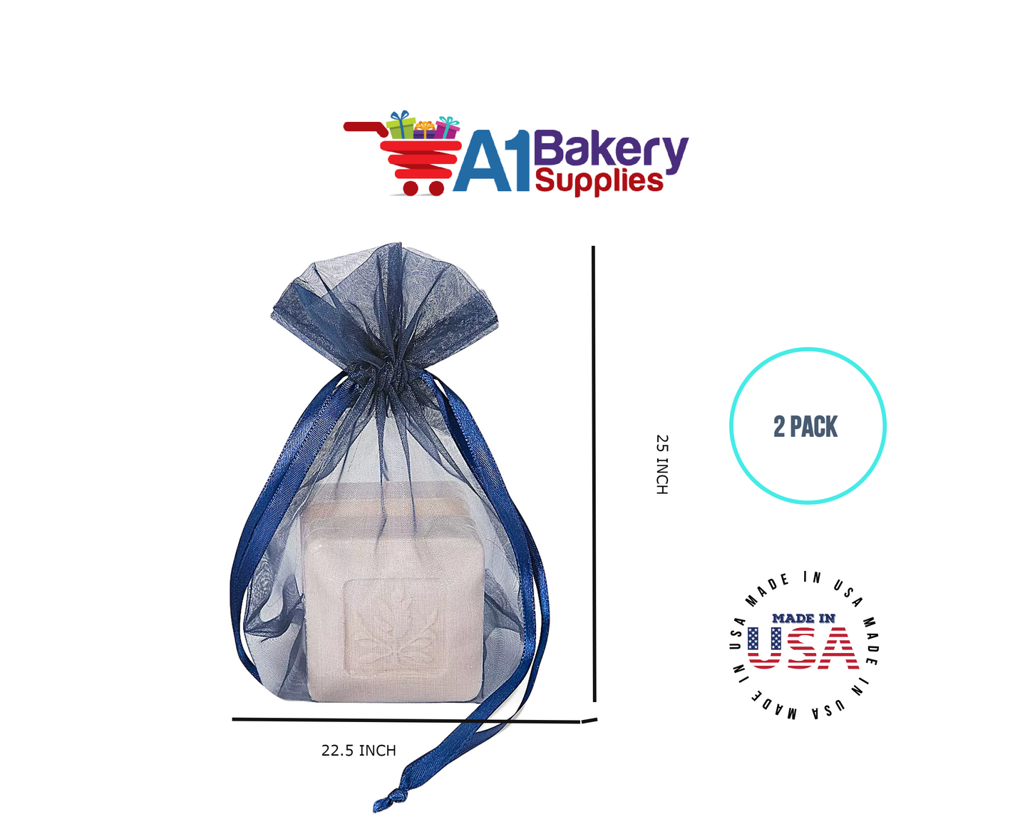 Navy Blue Organza Fabric Gift Bags – Pack of 2 with Size 22.5 x 25 inch by A1 Bakery Supplies