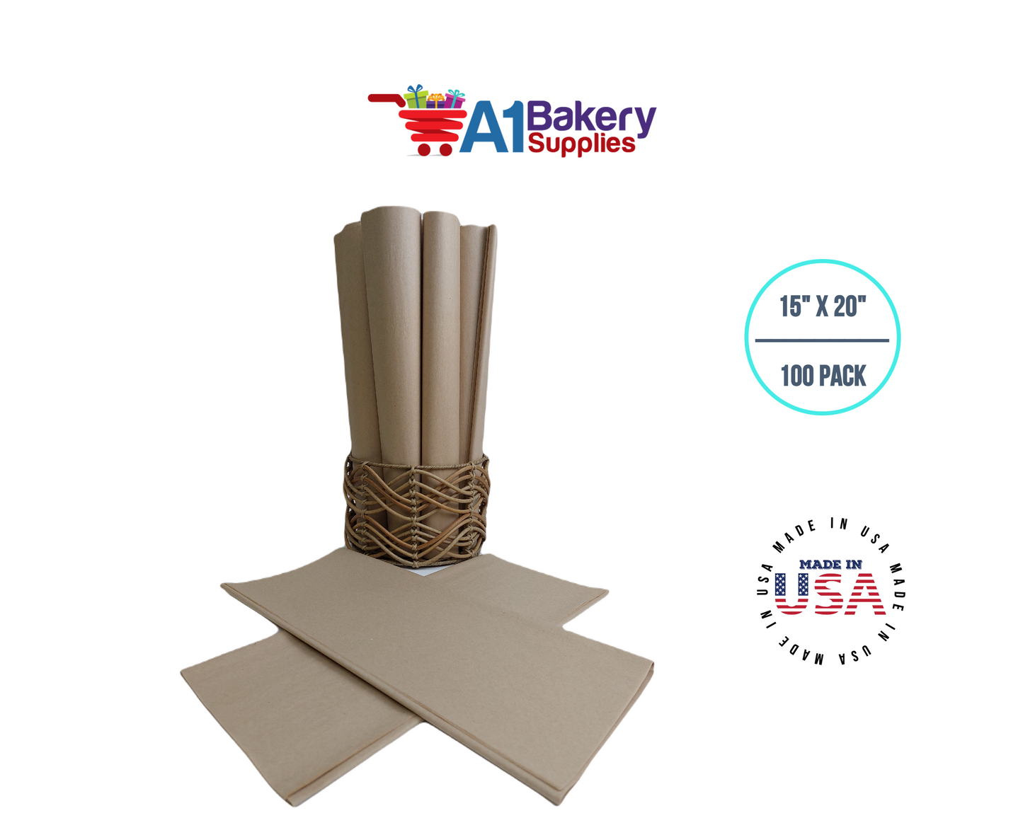 Desert Tan  Tissue Paper Squares, Bulk 100 Sheets, Premium Gift Wrap and Art Supplies for Birthdays, Holidays, or Presents by A1BakerySupplies, Medium 15 Inch x 20 Inch