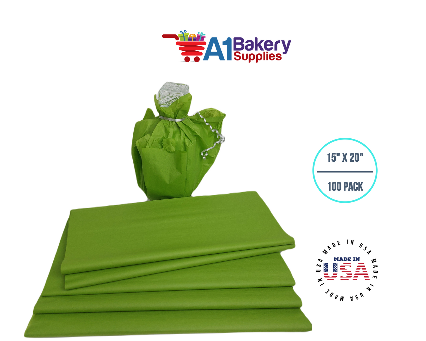 Oasis Green Tissue Paper Squares, Bulk 100 Sheets, Premium Gift Wrap and Art Supplies for Birthdays, Holidays, or Presents by A1BakerySupplies, Large 15 Inch x 20 Inch