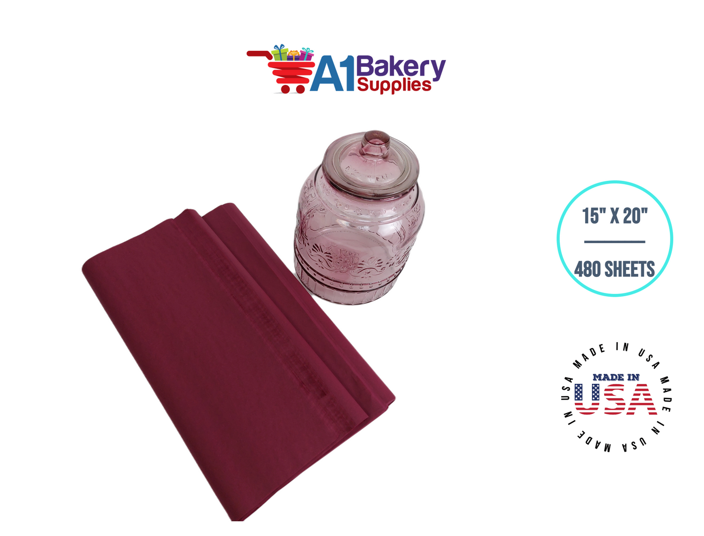 Burgundy Tissue Paper Squares, Bulk 480 Sheets, Premium Gift Wrap and Art Supplies for Birthdays, Holidays, or Presents by A1BakerySupplies, Large 15 Inch x 20 Inch