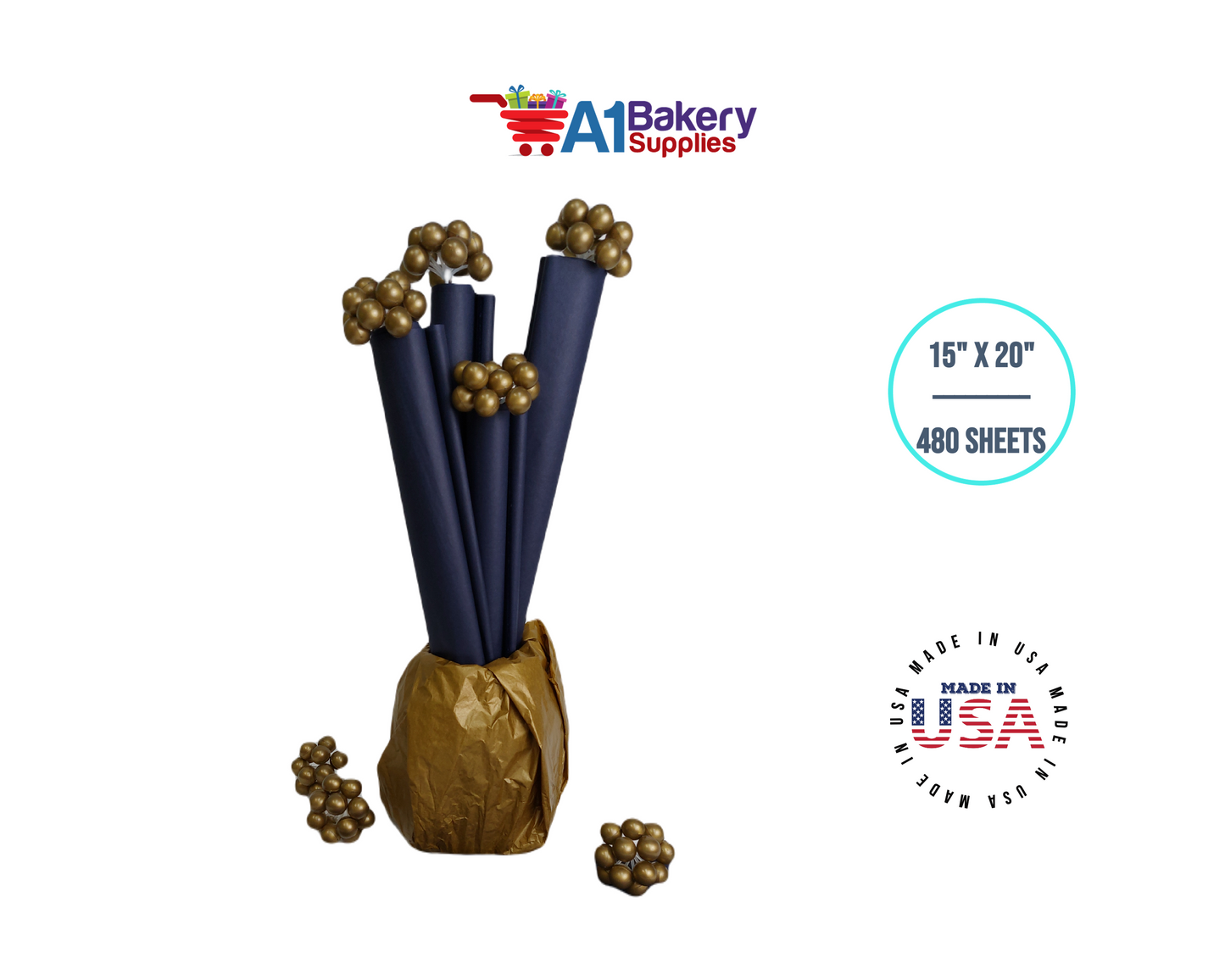 Navy Blue Tissue Paper Squares, Bulk 480 Sheets, Premium Gift Wrap and Art Supplies for Birthdays, Holidays, or Presents by A1BakerySupplies, Large 15 Inch x 20 Inch