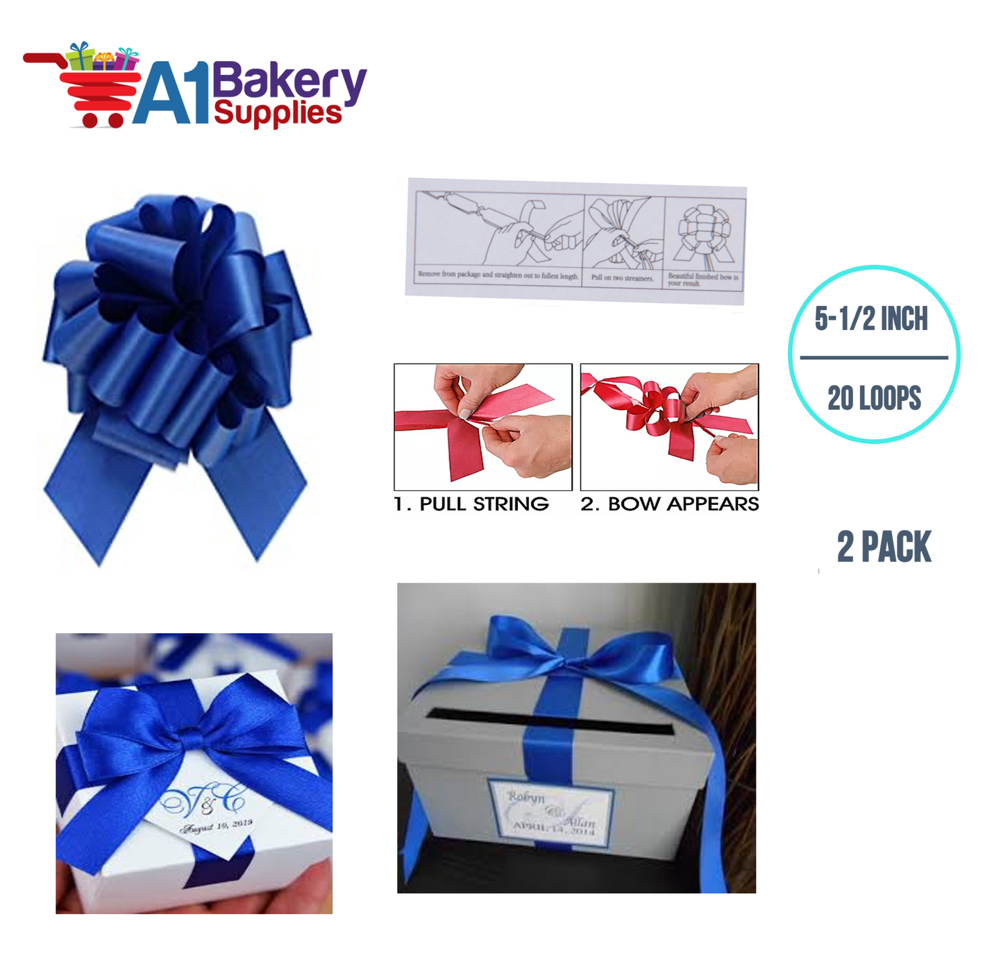 A1 Bakery Supplies 2 Pieces Pull Bow for Gift Wrapping Gift Bows Pull Bow With Ribbon for Wedding Gift Baskets, 5.5 Inch 20 Loop in Royal Blue Flora Satin Color