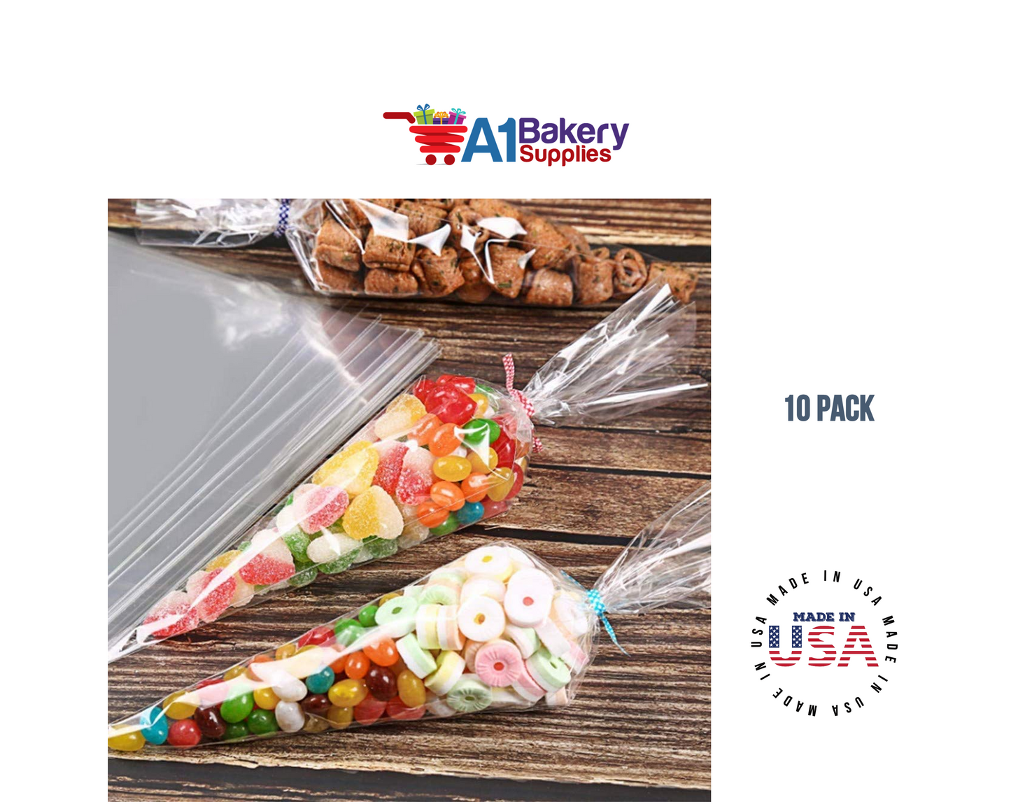 Clear Cellophane Cone Bags for Treat & Favor 6 Inch X 10 Inch 10 Pack by A1 Bakery Supplies