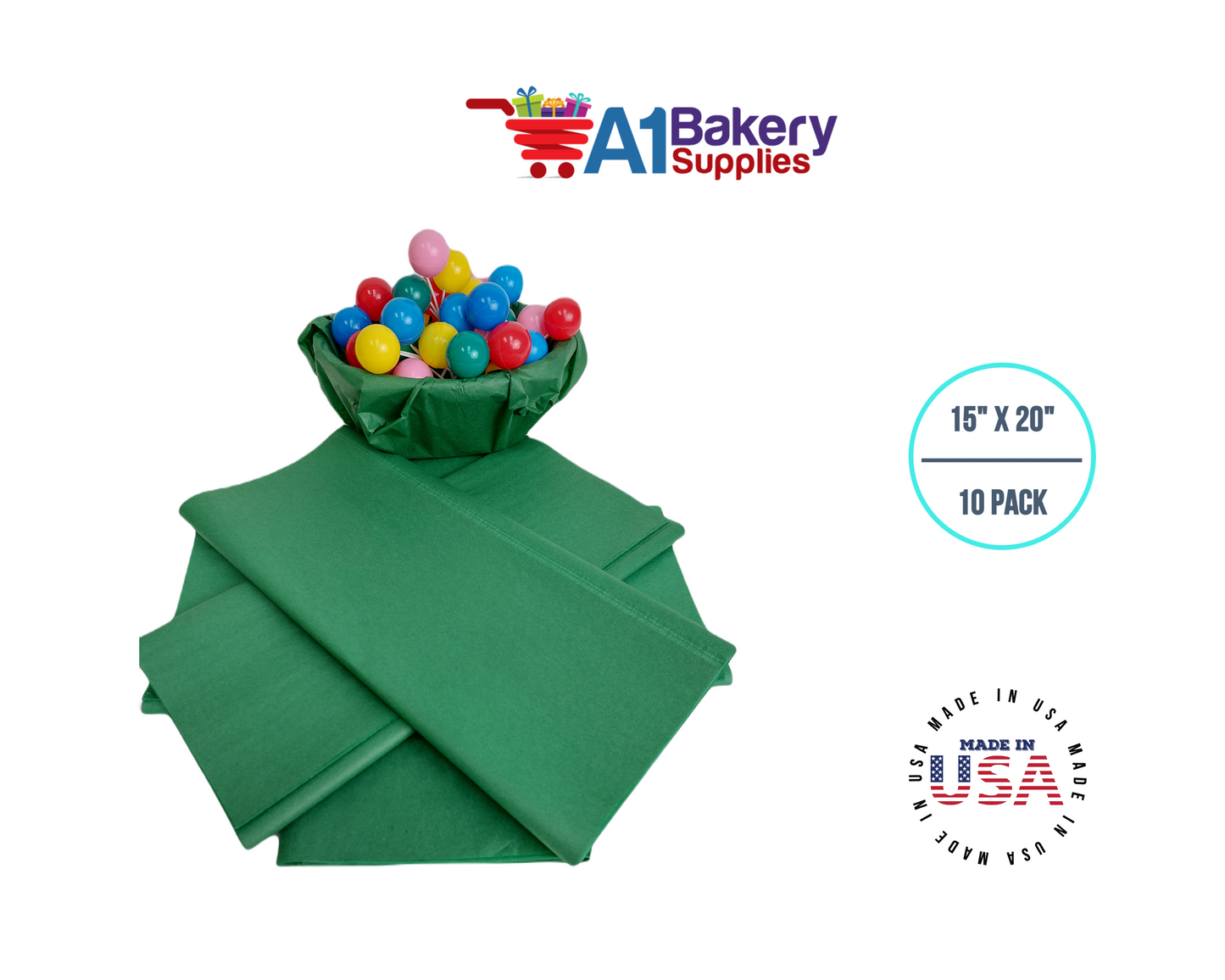 Holiday Green Tissue Paper Squares, Bulk 10 Sheets, Premium Gift Wrap and Art Supplies for Birthdays, Holidays, or Presents by A1BakerySupplies, Large 15 Inch x 20 Inch